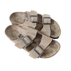 Birkenstock 38 7 7.5 Arizona Suede Taupe Corduroy Cork Leather Soft Footbed